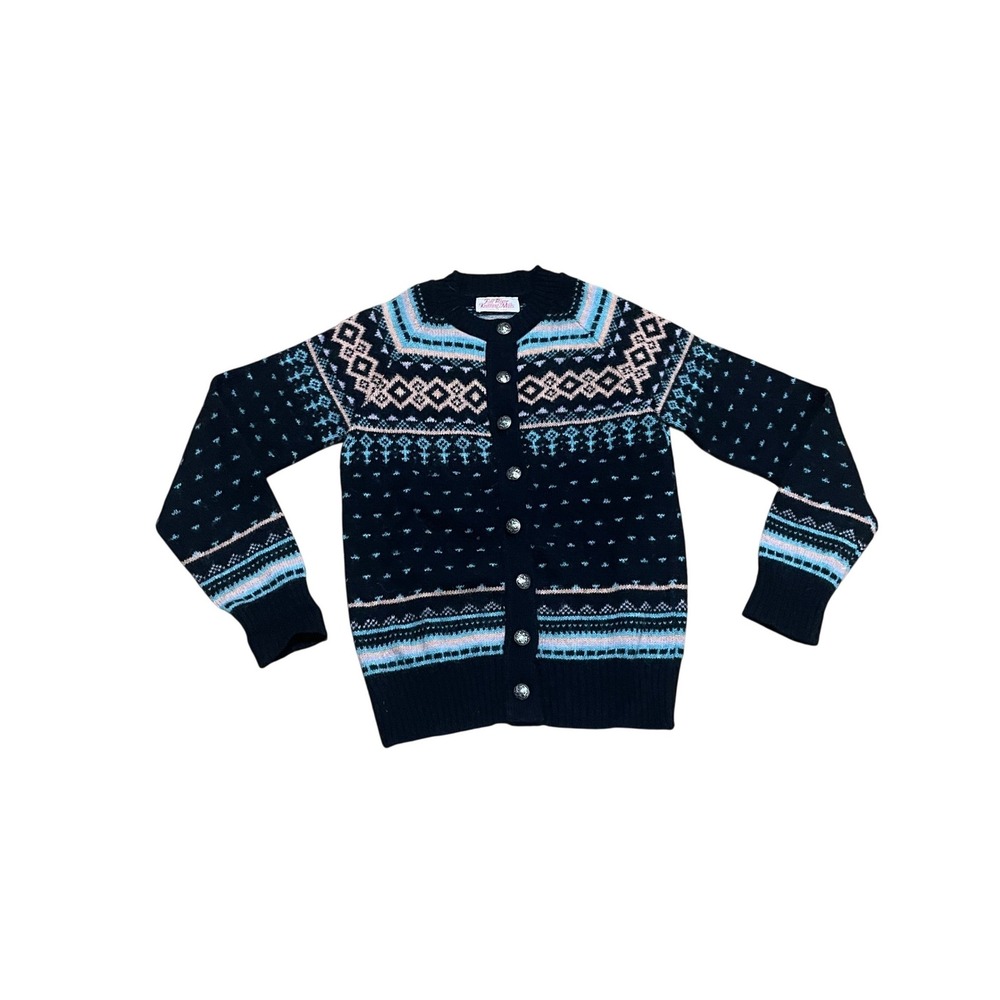 VTG Fall River Knitting Mills Women S Navy Blue Fair Isle Cardigan Shetland Wool
